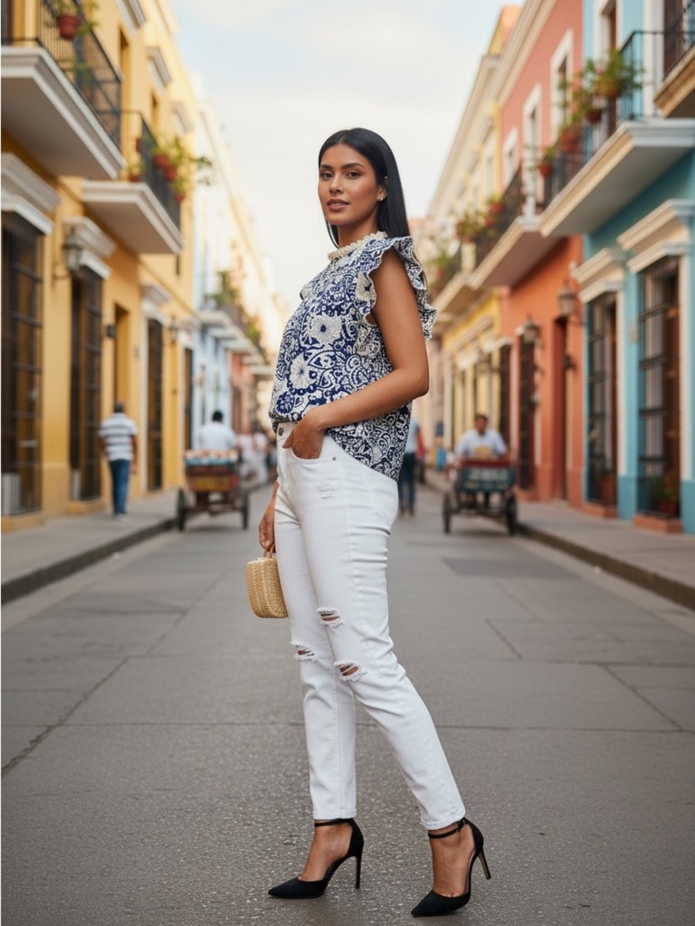 Umgee Navy and Cream Floral Lace-Trim Blouse - Picture 2 of 16